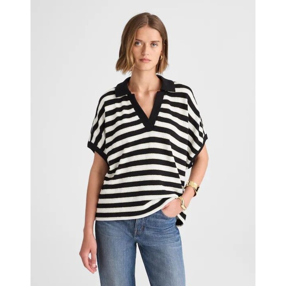 Madewell Relaxed Sweater Large Black White Striped Collar Short Sleeve Knit Top